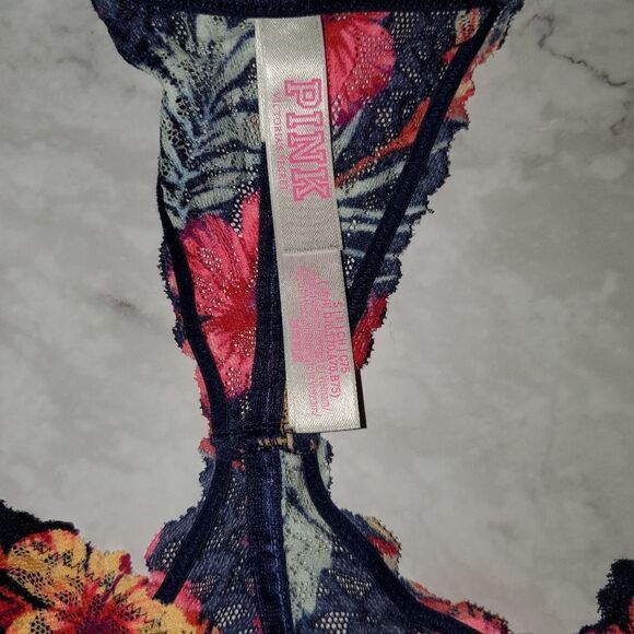 PINK VS Tropical Hibiscus Floral Wireless Front Closure Lined Lace Bralette - Picture 5 of 5